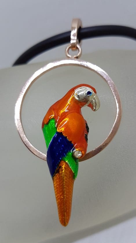 Sterling Silver Rose Gold Plated Enamel Large Parrot Pendant on Neoprene Necklace