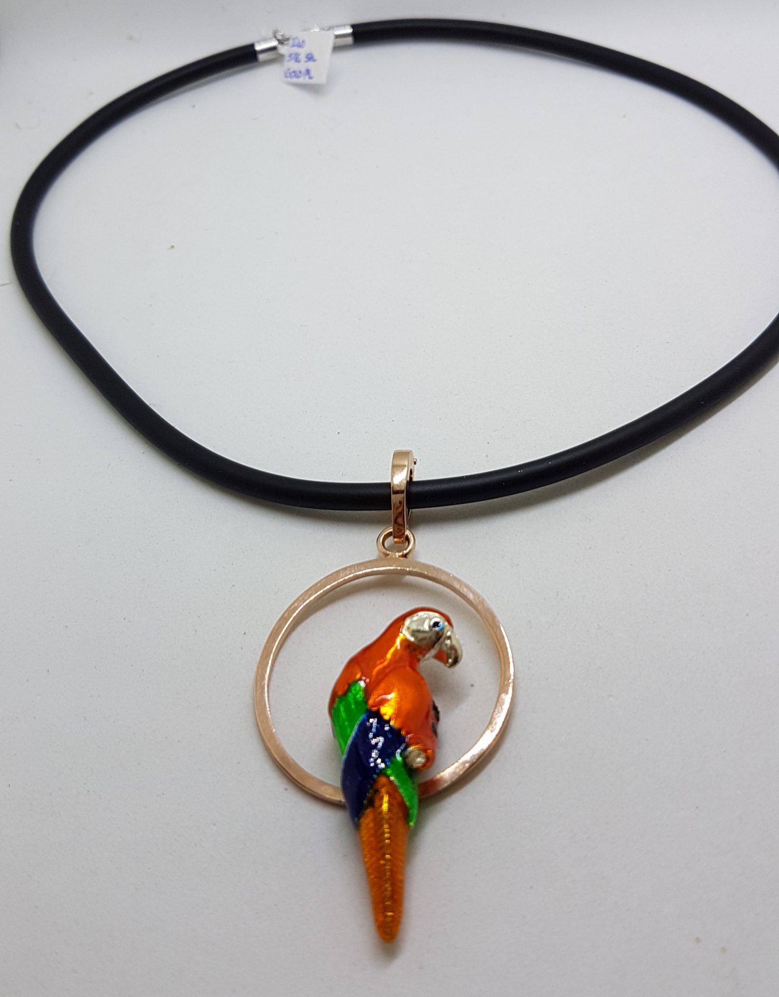 Sterling Silver Rose Gold Plated Enamel Large Parrot Pendant on Neoprene Necklace