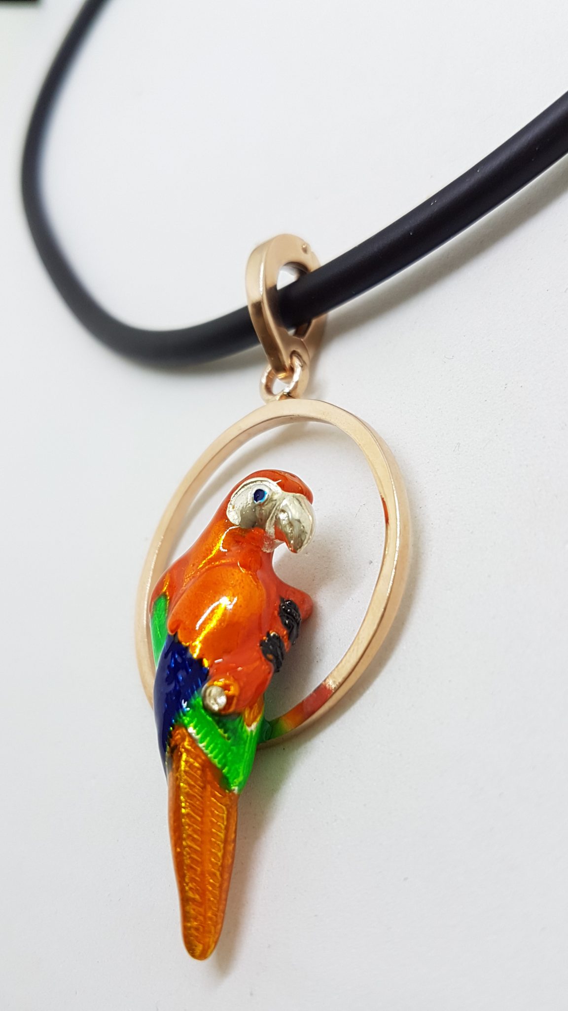 Sterling Silver Rose Gold Plated Enamel Large Parrot Pendant on Neoprene Necklace