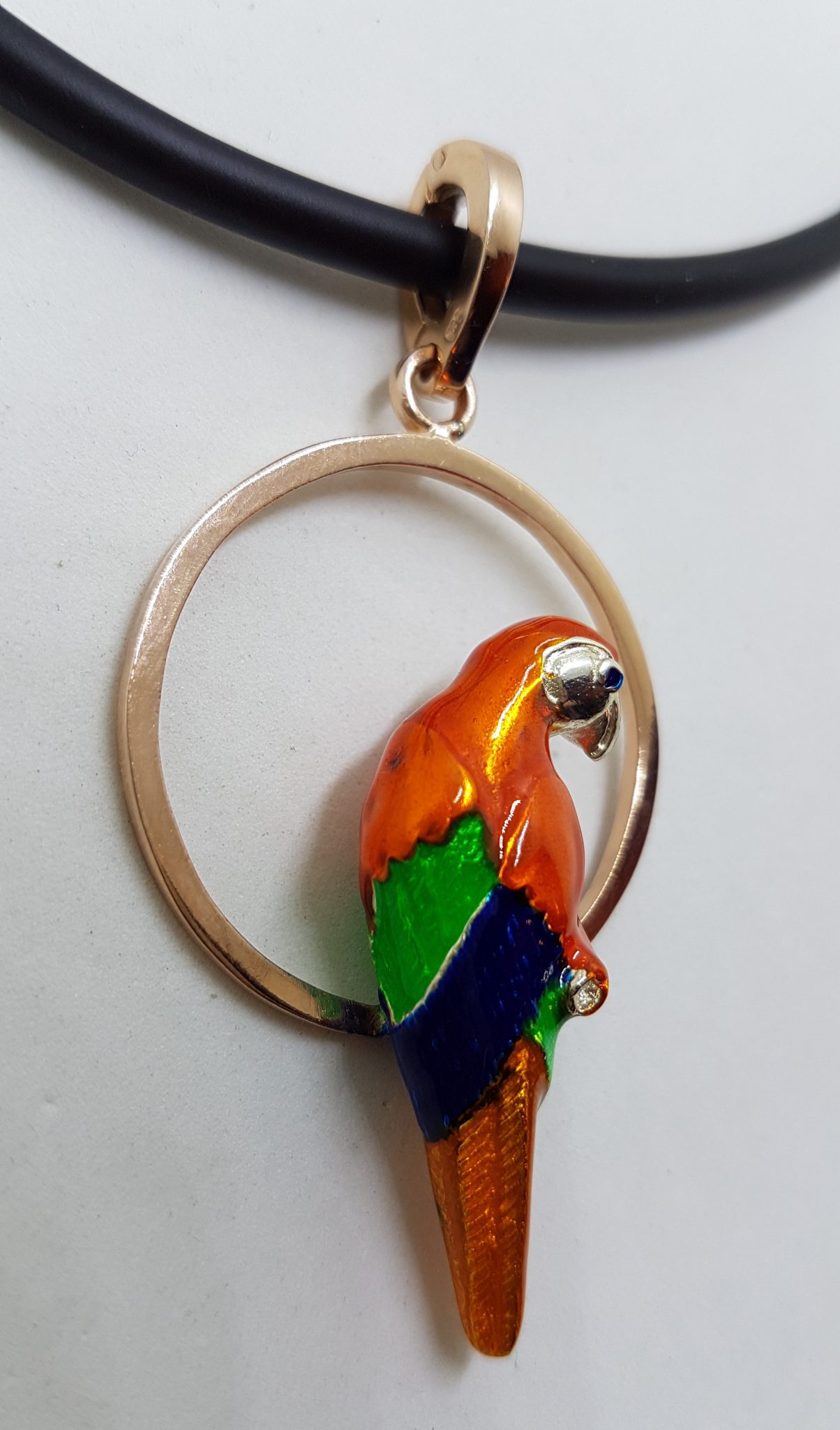 Sterling Silver Rose Gold Plated Enamel Large Parrot Pendant on Neoprene Necklace