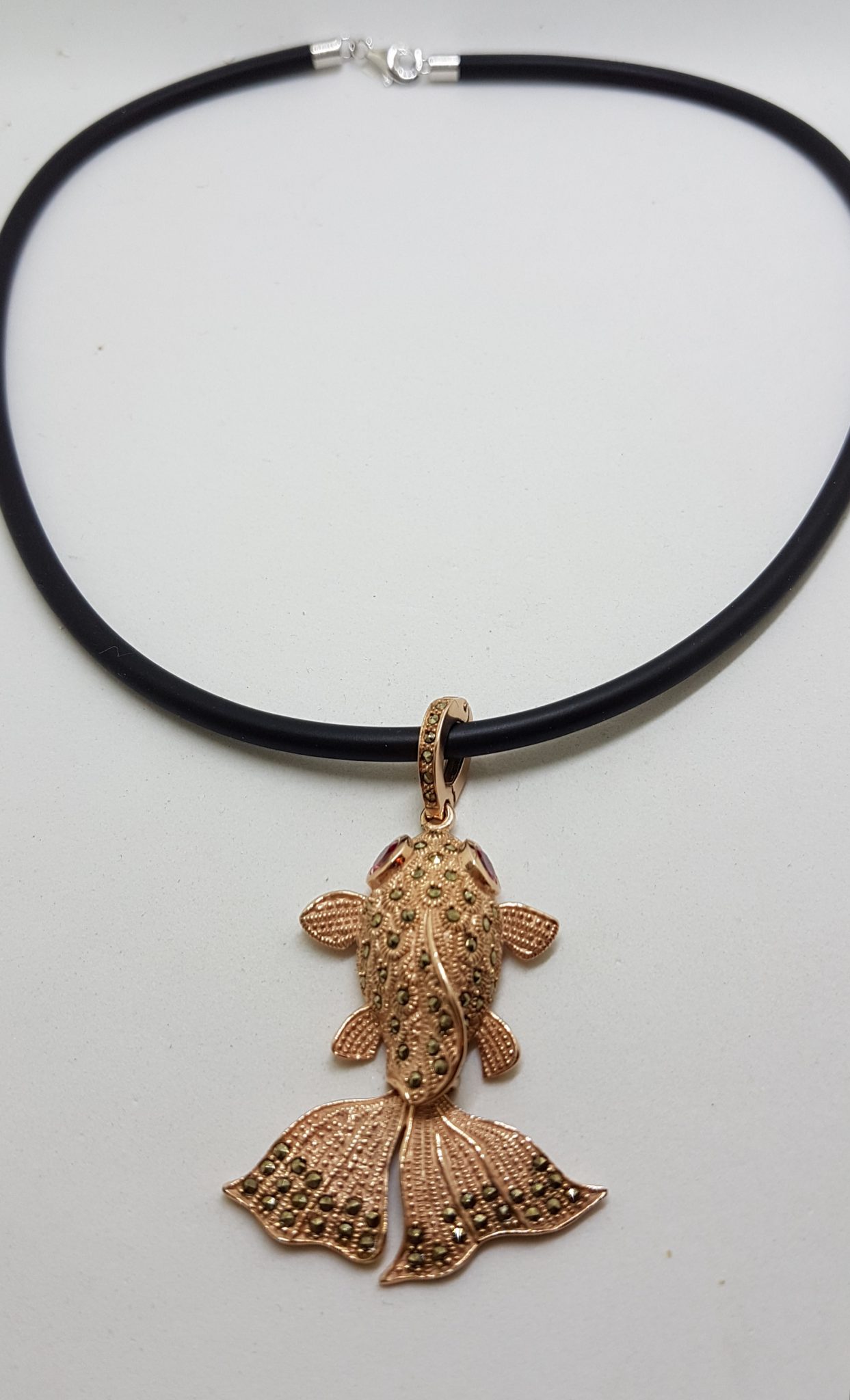 Sterling Silver Rose Gold Plated Large Fish Pendant on Neoprene Necklace - With Marcasite and Pink Cubic Zirconia