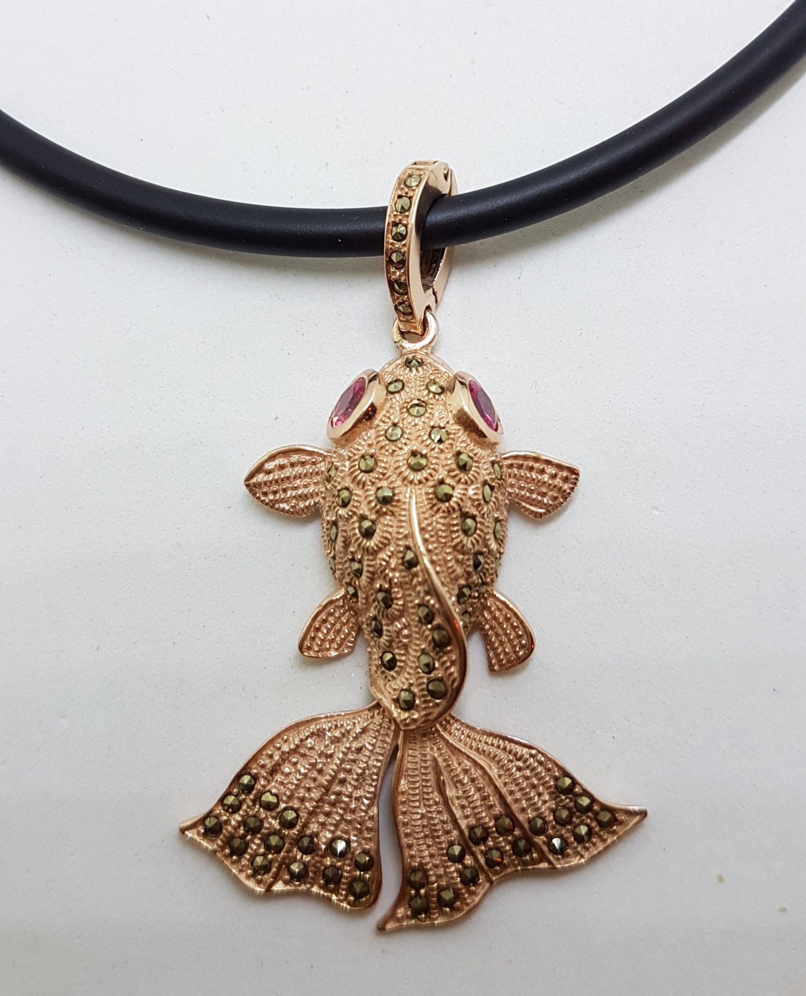 Sterling Silver Rose Gold Plated Large Fish Pendant on Neoprene Necklace - With Marcasite and Pink Cubic Zirconia