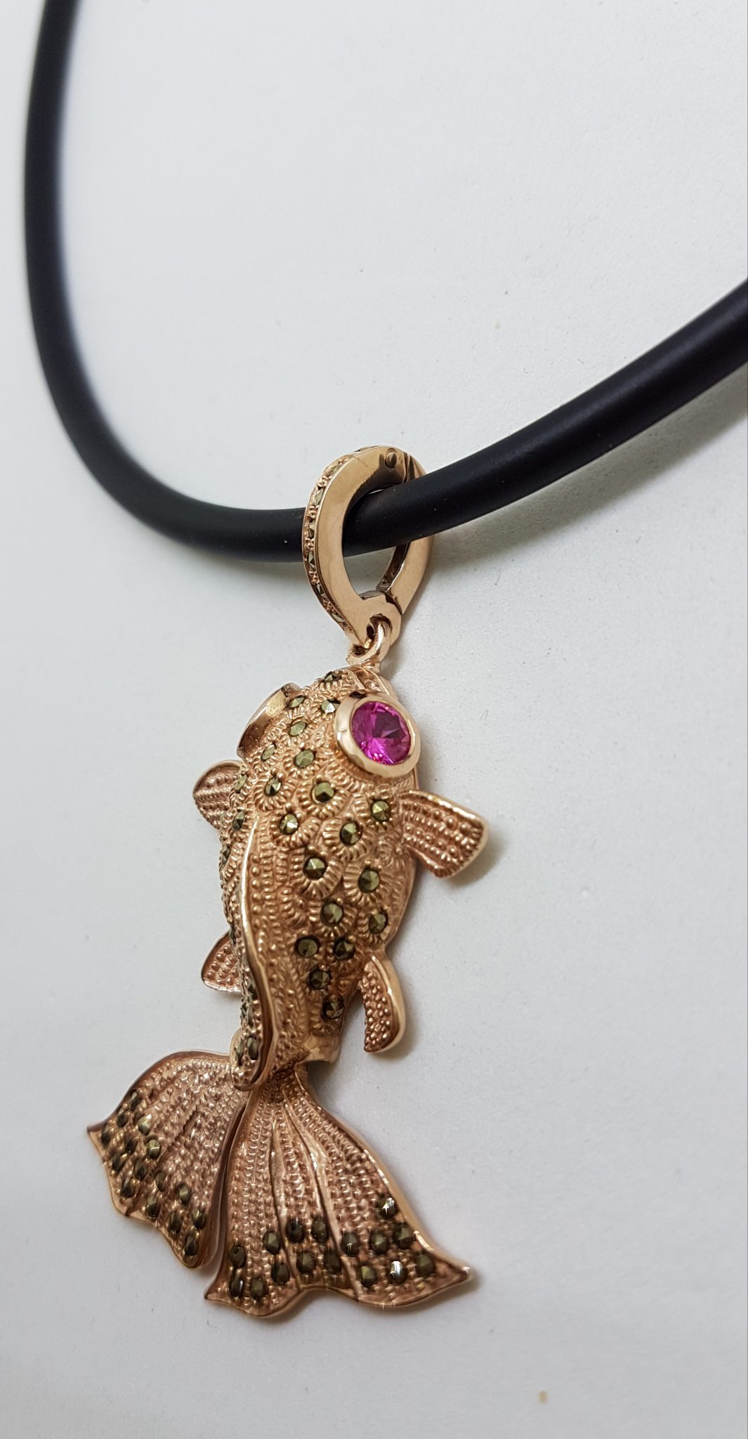 Sterling Silver Rose Gold Plated Large Fish Pendant on Neoprene Necklace - With Marcasite and Pink Cubic Zirconia
