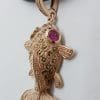 Sterling Silver Rose Gold Plated Large Fish Pendant on Neoprene Necklace - With Marcasite and Pink Cubic Zirconia