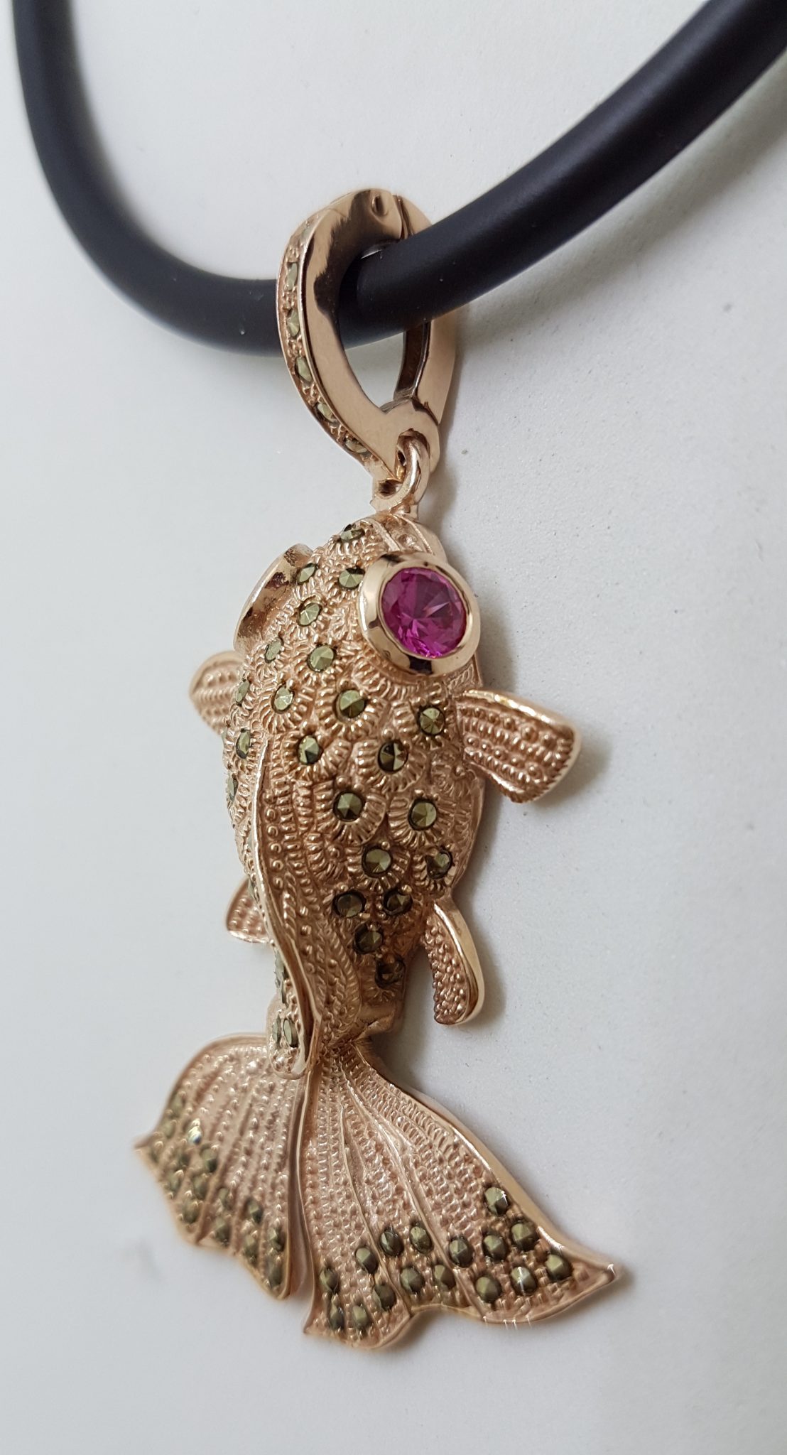 Sterling Silver Rose Gold Plated Large Fish Pendant on Neoprene Necklace - With Marcasite and Pink Cubic Zirconia