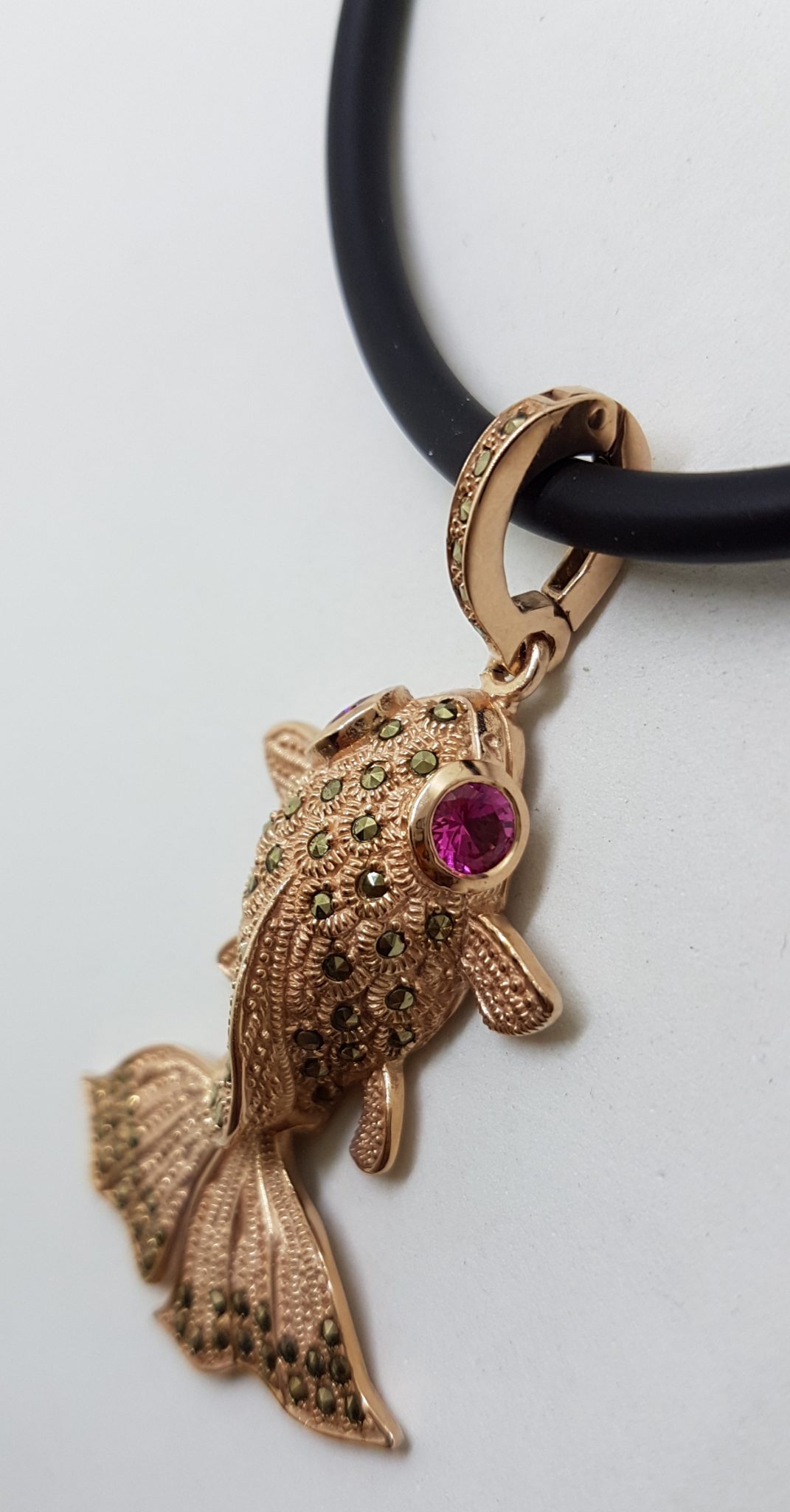 Sterling Silver Rose Gold Plated Large Fish Pendant on Neoprene Necklace - With Marcasite and Pink Cubic Zirconia