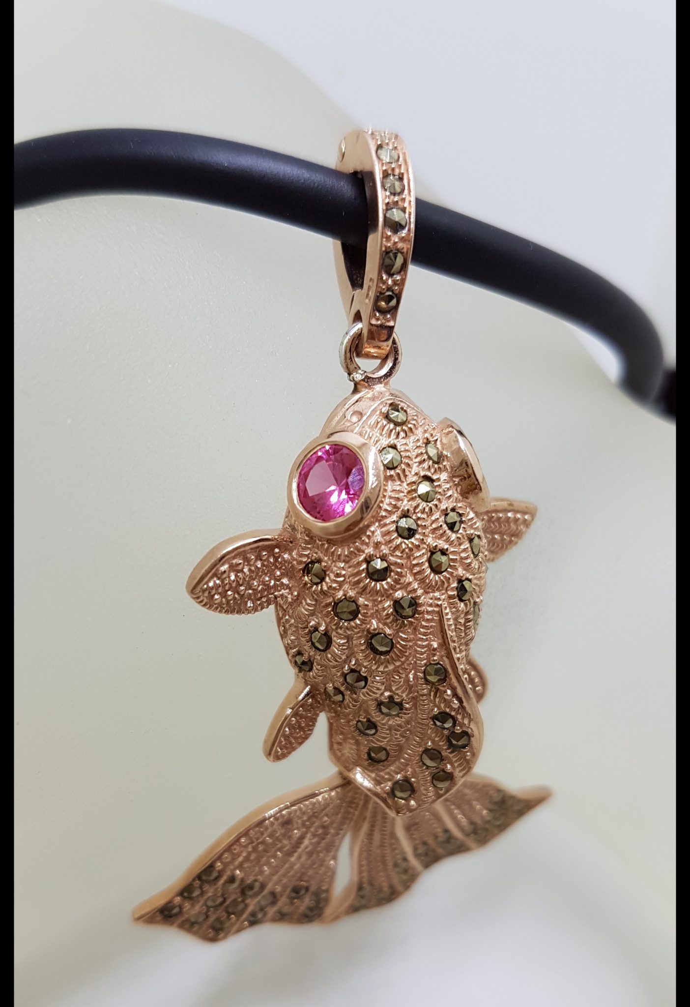 Sterling Silver Rose Gold Plated Large Fish Pendant on Neoprene Necklace - With Marcasite and Pink Cubic Zirconia