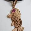 Sterling Silver Rose Gold Plated Large Fish Pendant on Neoprene Necklace - With Marcasite and Pink Cubic Zirconia