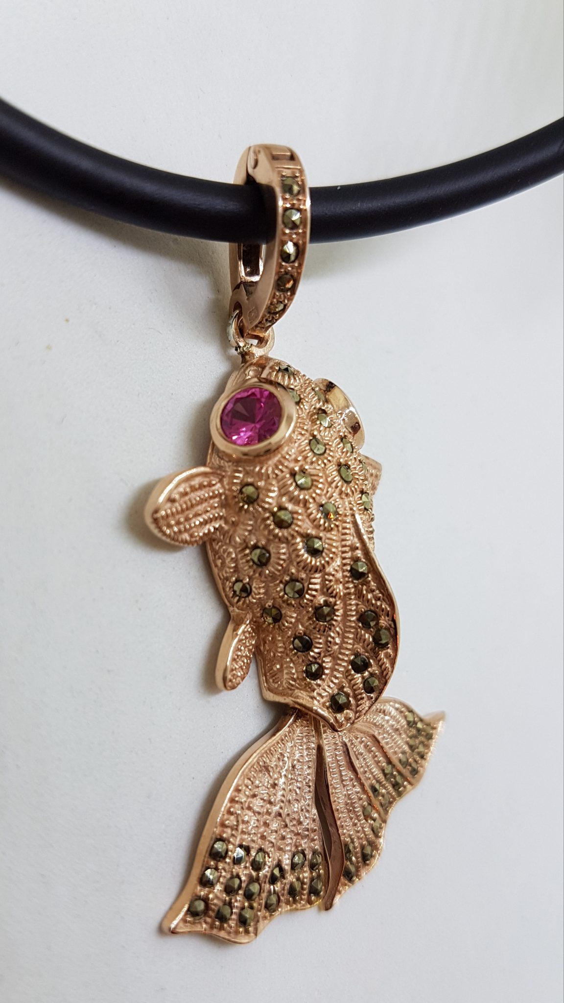 Sterling Silver Rose Gold Plated Large Fish Pendant on Neoprene Necklace - With Marcasite and Pink Cubic Zirconia
