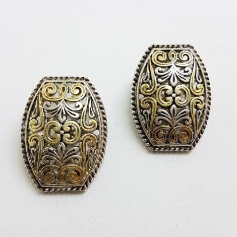 Sterling Silver Large Ornate Filigree Stud Earrings with Gold Plated