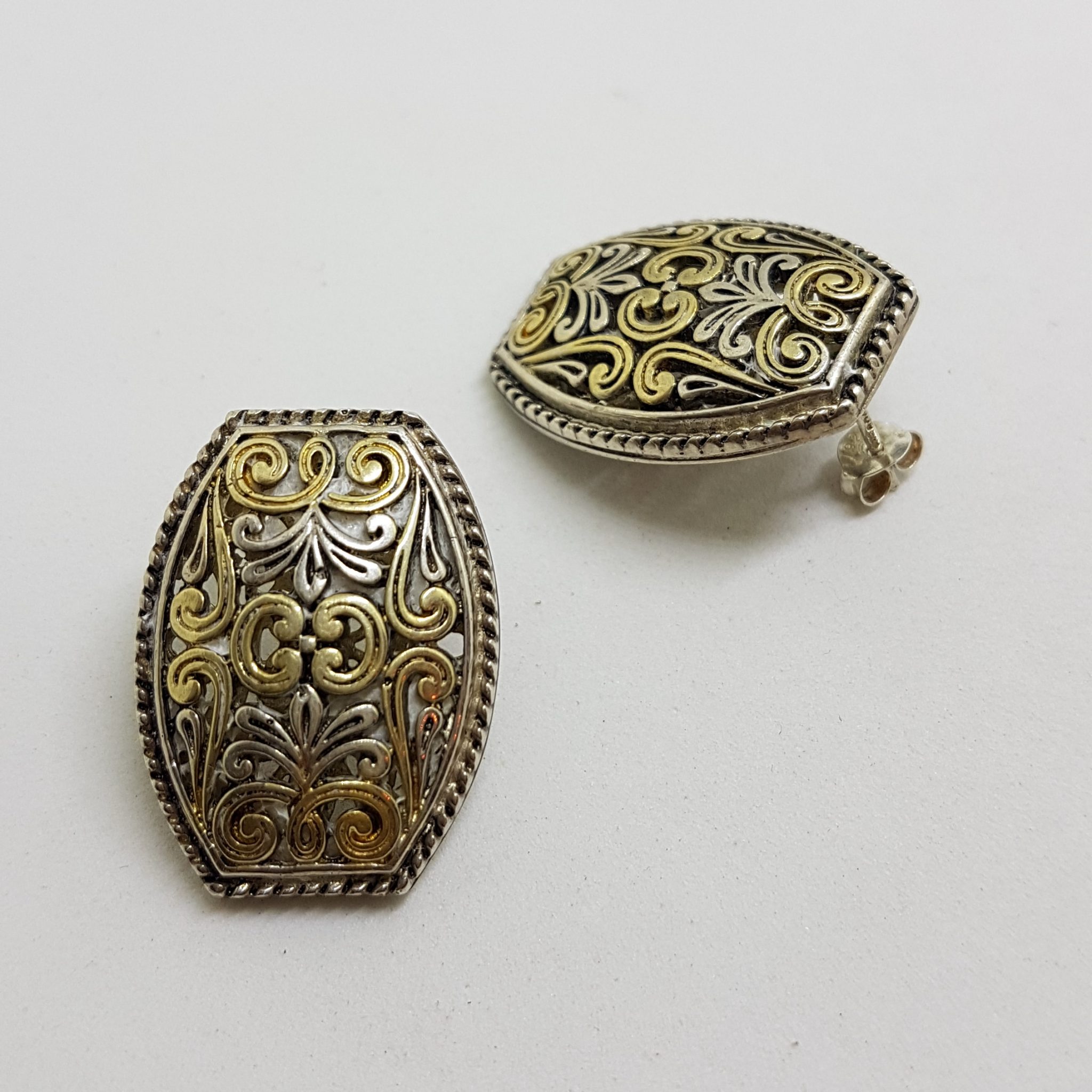 Sterling Silver Large Ornate Filigree Stud Earrings with Gold Plated