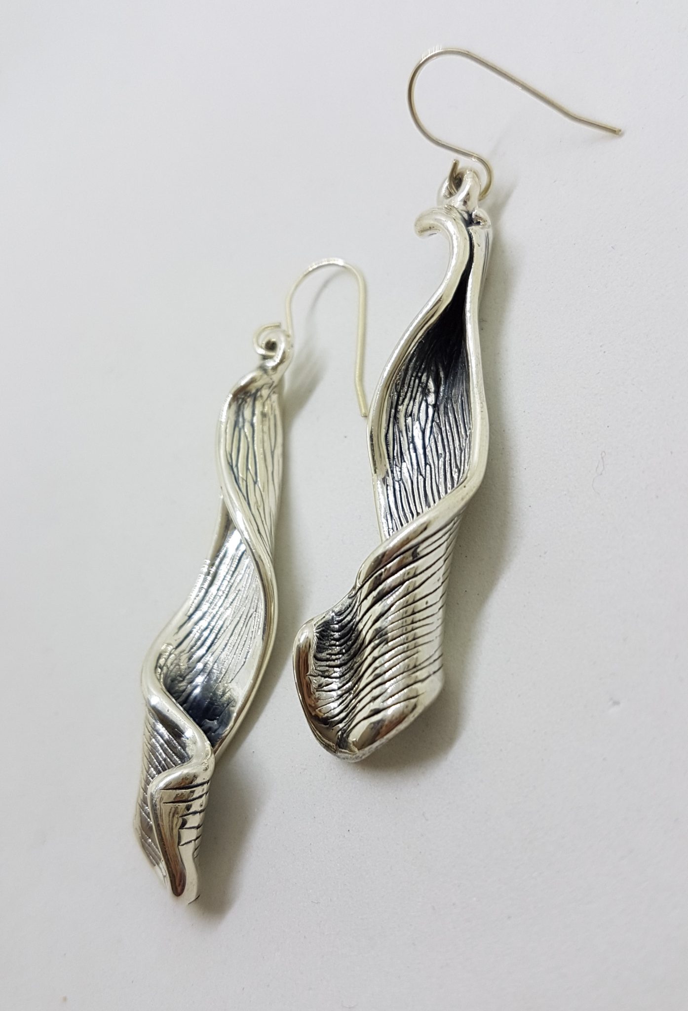 Sterling Silver Very Long Curved Bark Shape Drop Earrings