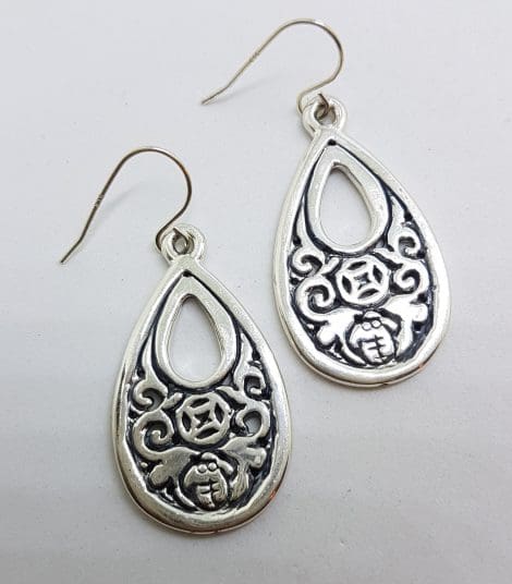 Sterling Silver Long Teardrop Pear Shape Ornate Drop Earrings