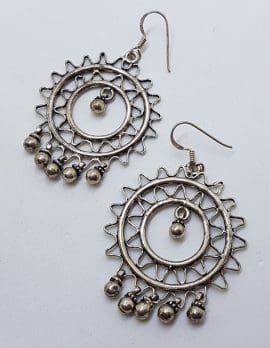 Sterling Silver Very Large Round with Dangles Ornate Drop Earrings
