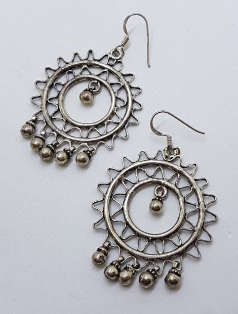 Sterling Silver Very Large Round with Dangles Ornate Drop Earrings