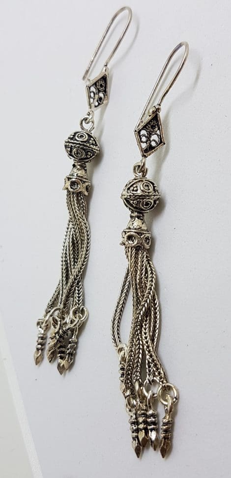 Sterling Silver Very Long Ornate Tassel Drop Earrings