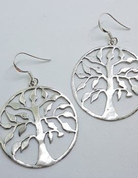Sterling Silver Large Tree of Life in Circle Drop Earrings