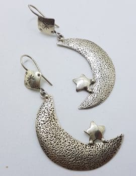 Sterling Silver Large Crescent Moon and Star Drop Earrings