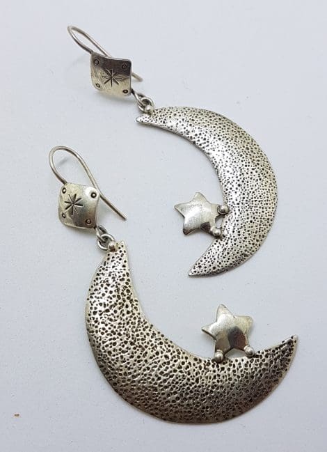 Sterling Silver Large Crescent Moon and Star Drop Earrings