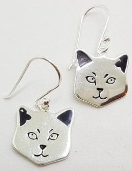 Sterling Silver Cat Face / Head Drop Earrings