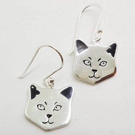 Sterling Silver Cat Face / Head Drop Earrings
