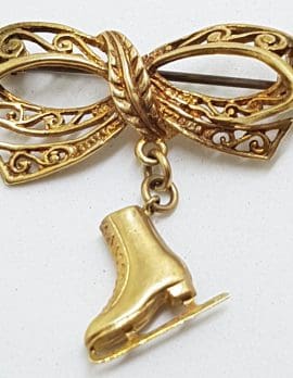9ct Yellow Gold Ornate Filigree Bow with Ice-Skating Boot Brooch - Antique / Vintage