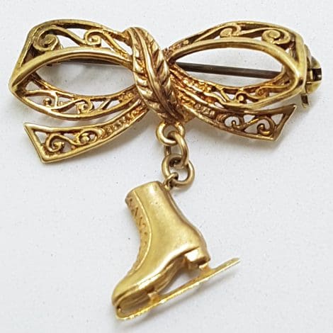 9ct Yellow Gold Ornate Filigree Bow with Ice-Skating Boot Brooch - Antique / Vintage