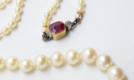 14ct Yellow Gold and Platinum with Red Stone and Diamond Clasp on Cultured Pearl Necklace - Antique / Vintage