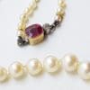 14ct Yellow Gold and Platinum with Red Stone and Diamond Clasp on Cultured Pearl Necklace - Antique / Vintage