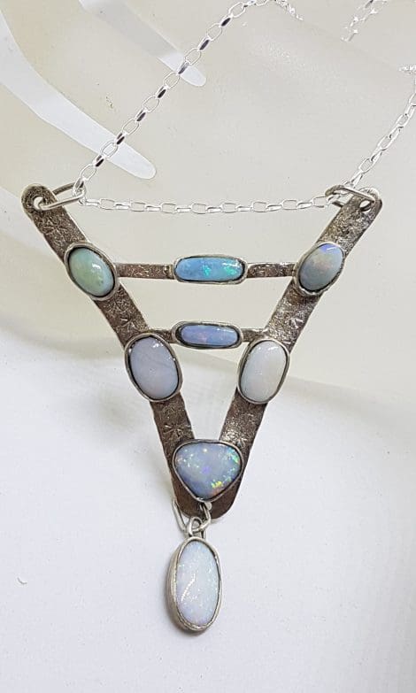 Sterling Silver Handmade Unusual Large V Shape Opal Pendant on Silver Chain / Necklace