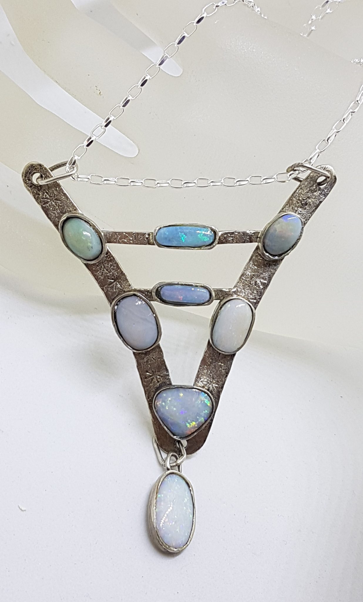 Sterling Silver Handmade Unusual Large V Shape Opal Pendant on Silver Chain / Necklace