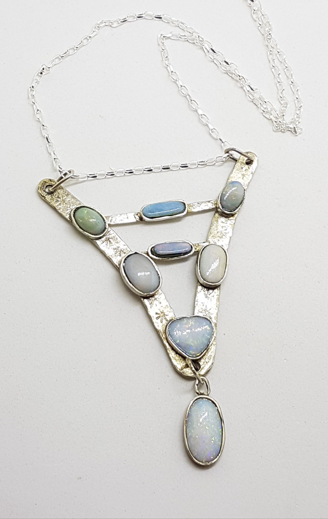 Sterling Silver Handmade Unusual Large V Shape Opal Pendant on Silver Chain / Necklace