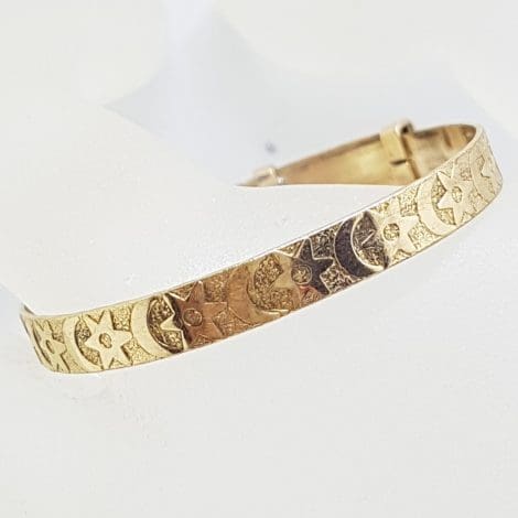 Gold Lined Baby Bangle with Crescent Moon and Star Pattern - Antique / Vintage