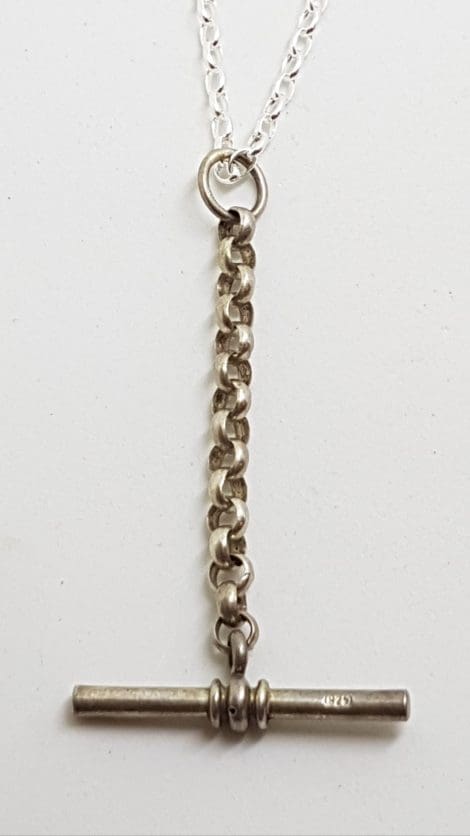 Sterling Silver Long T-Bar Pendant on Silver Chain - Antique / Vintage