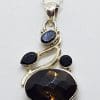 Sterling Silver Oval Smokey Quartz and Onyx Ornate Pendant on Silver Chain