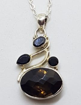 Sterling Silver Oval Smokey Quartz and Onyx Ornate Pendant on Silver Chain