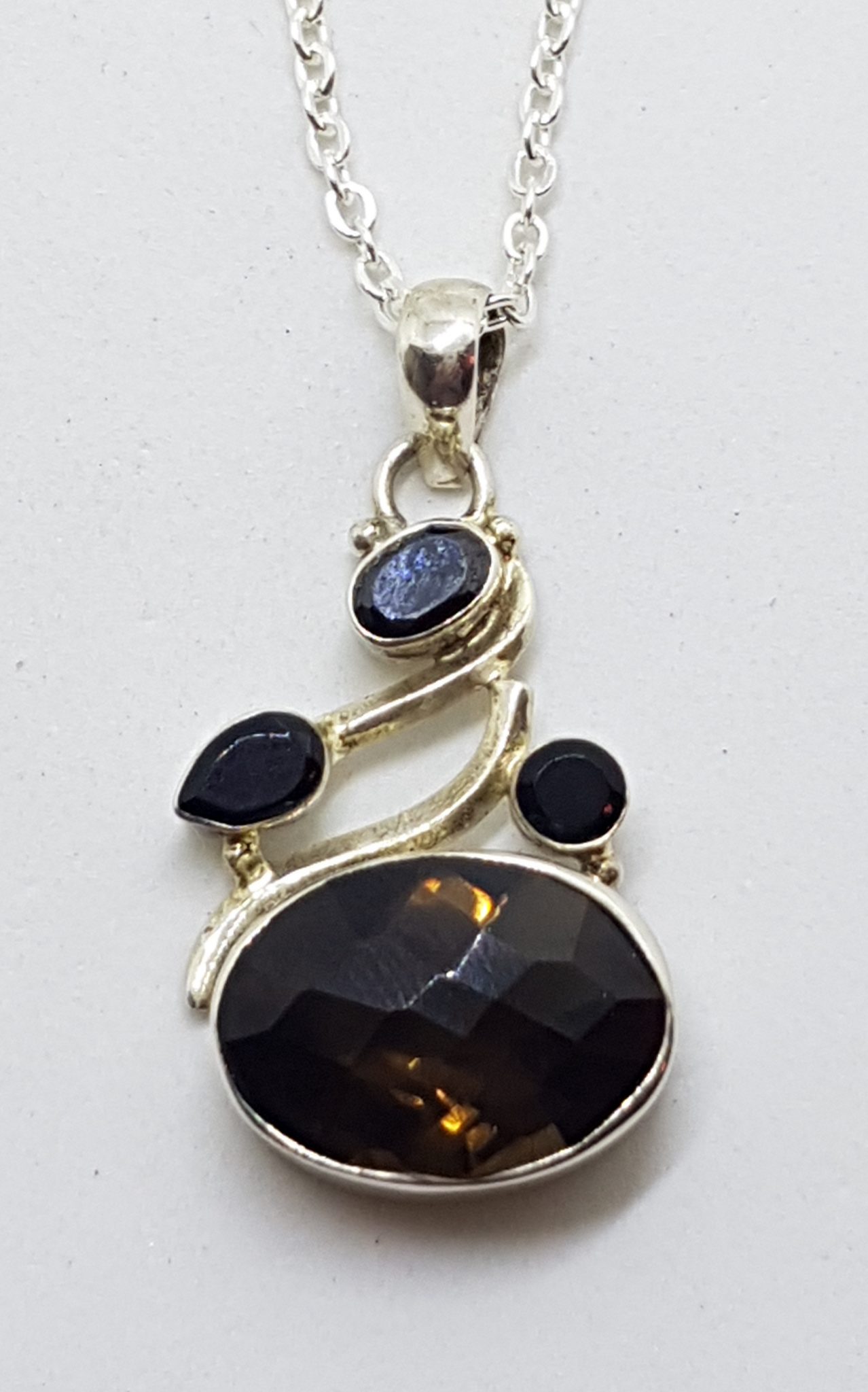 Sterling Silver Oval Smokey Quartz and Onyx Ornate Pendant on Silver Chain