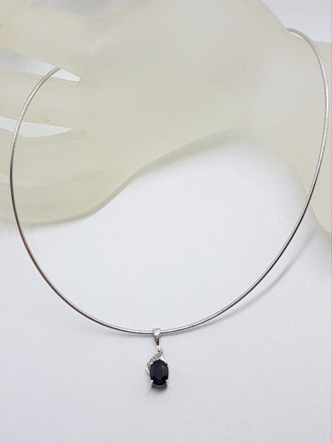 9ct White Gold Oval Sapphire with Diamond Pendant on Gold Choker Necklace