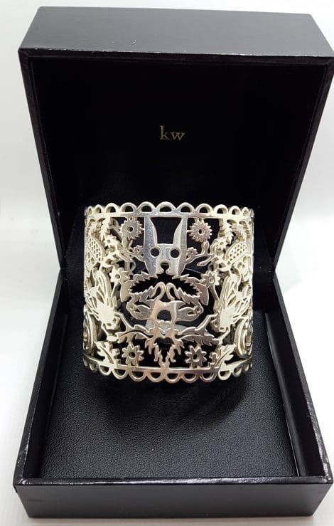 Sterling Silver Large Filigree Karen Walker Jewellery - New Zealand - Cuff Bangle with Ornate Cat, Bees, Floral, Skull, Etc Design - NZ Designer