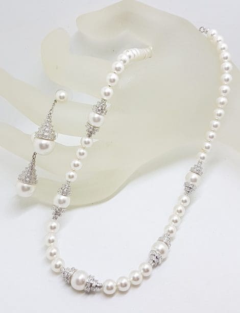 Silver Plated Swarovski Crystal with Faux Pearl Necklace and Earring Set