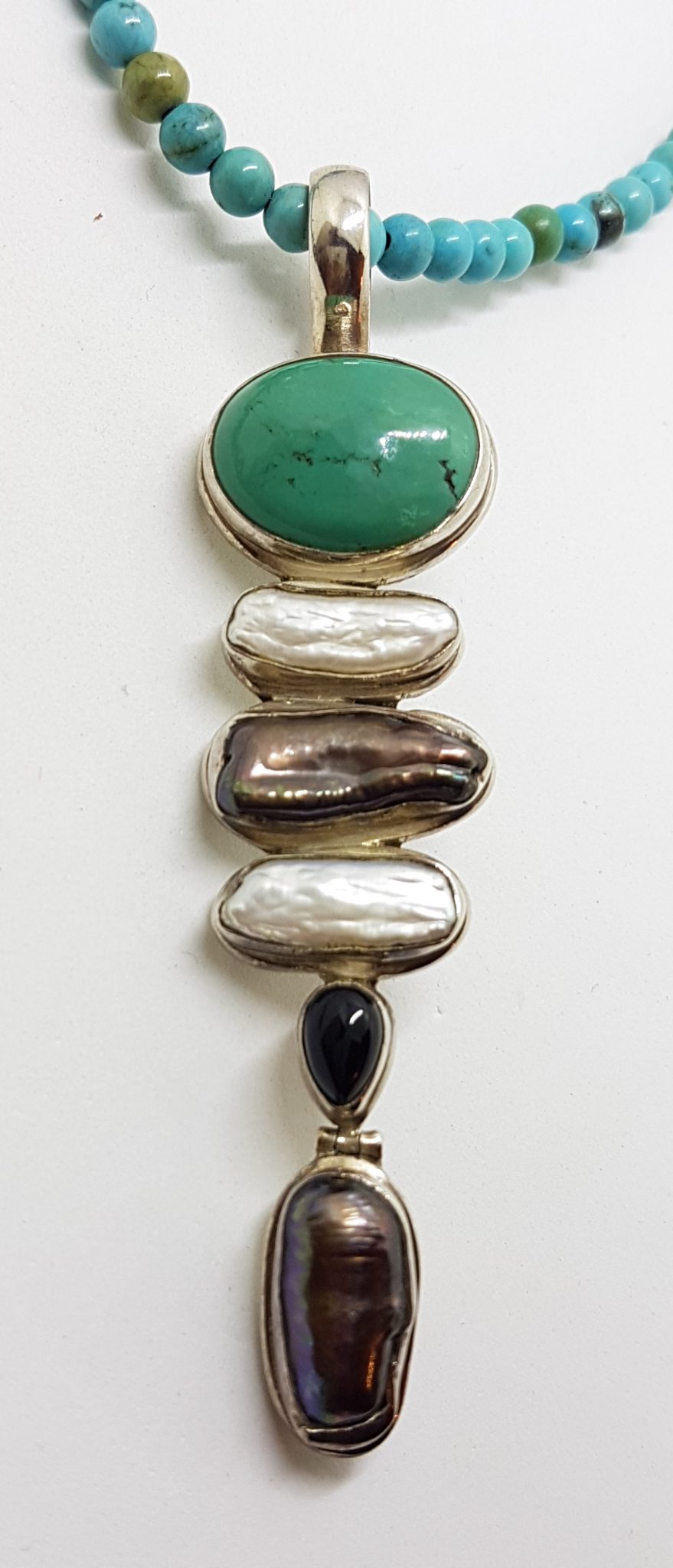 Sterling Silver Large & Long Turquoise, Blister Pearl and Onyx Pendant on Turquoise Bead Necklace / Chain