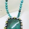 Sterling Silver Large Square Chrysocolla with Topaz and Peridot Pendant on Turquoise Bead Necklace / Chain