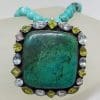 Sterling Silver Large Square Chrysocola with Topaz and Peridot Pendant on Turquoise Bead Necklace / Chain