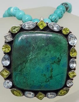 Sterling Silver Large Square Chrysocola with Topaz and Peridot Pendant on Turquoise Bead Necklace / Chain
