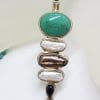 Sterling Silver Large & Long Turquoise, Blister Pearl and Onyx Pendant on Turquoise Bead Necklace / Chain