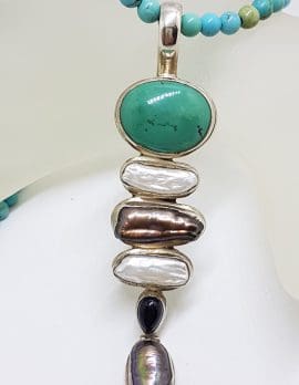 Sterling Silver Large & Long Turquoise, Blister Pearl and Onyx Pendant on Turquoise Bead Necklace / Chain