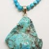 Sterling Silver Large Chunky Turquoise Pendant on Turquoise Bead Necklace / Chain