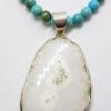 Sterling Silver Large Solar Quartz Pendant on Turquoise Bead Necklace / Chain