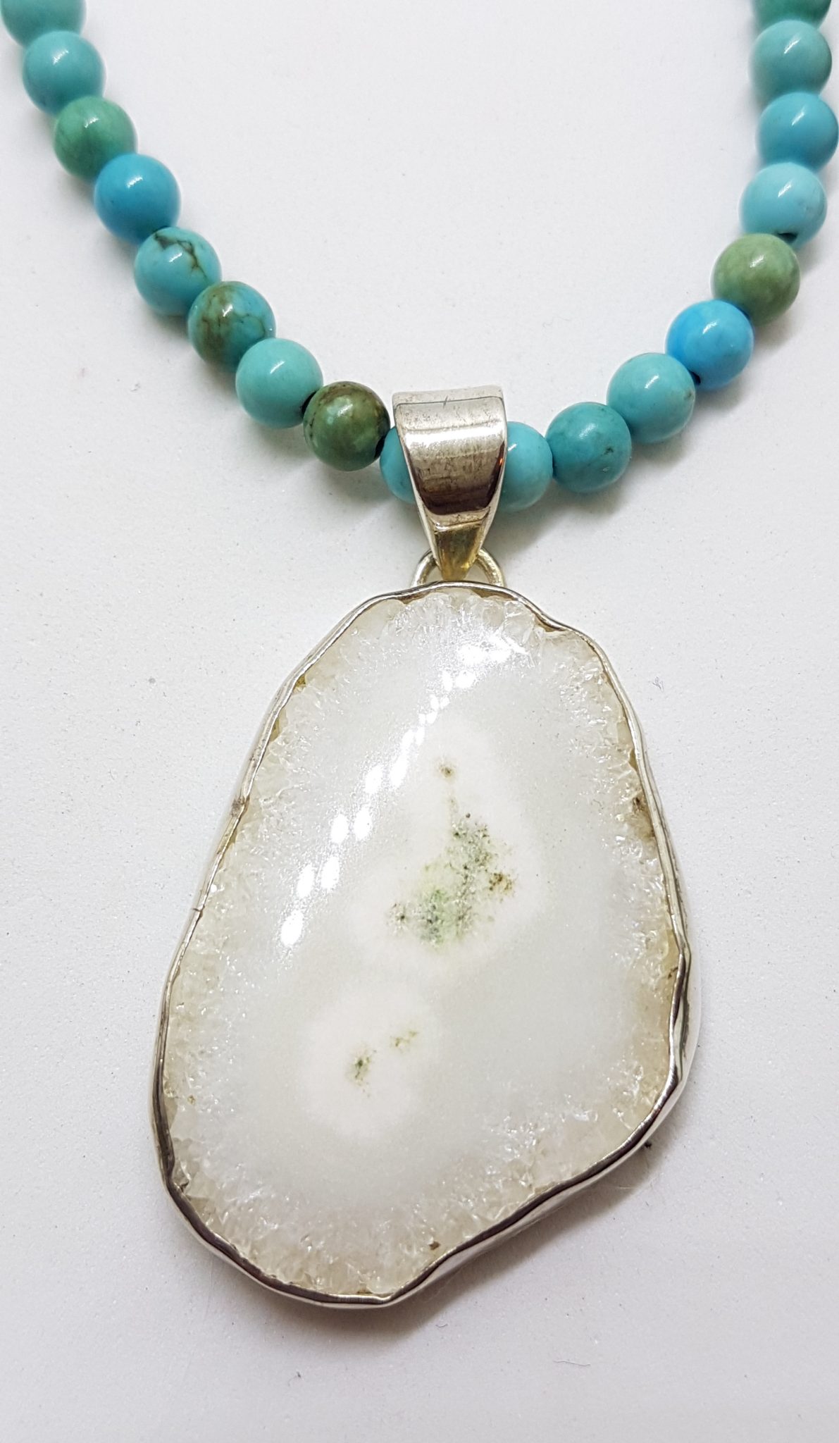 Sterling Silver Large Solar Quartz Pendant on Turquoise Bead Necklace / Chain