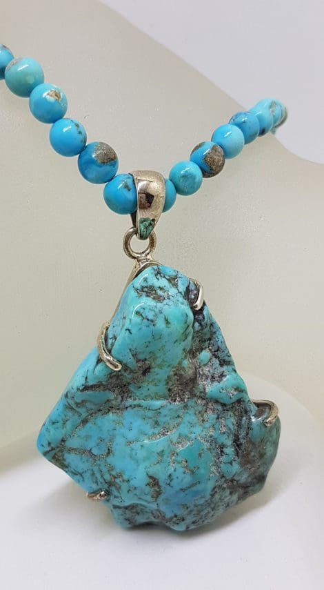 Sterling Silver Large Chunky Turquoise Pendant on Turquoise Bead Necklace / Chain
